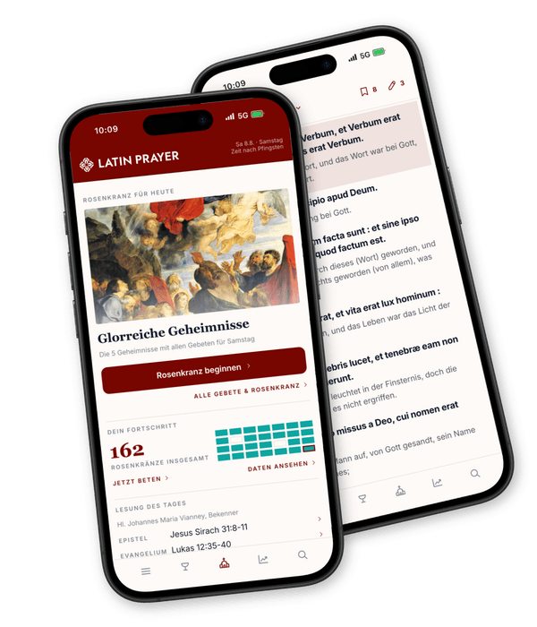Zwei Smartphones mit der App Latin Prayer: die Startseite und die Vulgata, Johannes 1