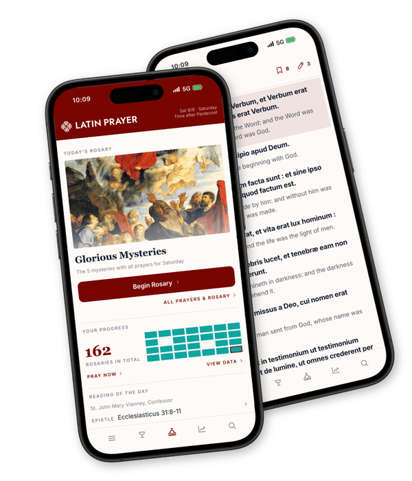 Two phones showing the Latin Prayer app: the home screen and the Vulgate, John 1