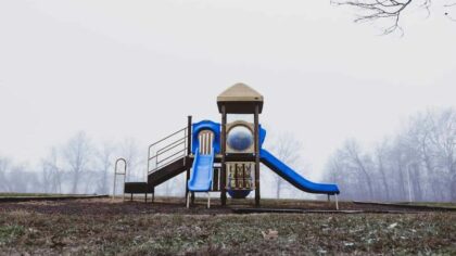 blue and brown wooden playground slide