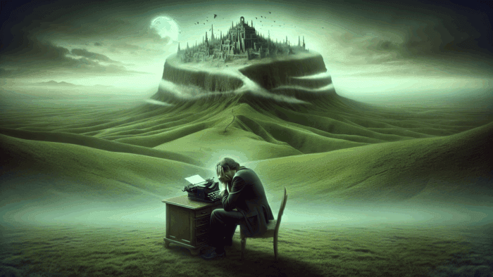 A man sitting at a desk with a castle in the background