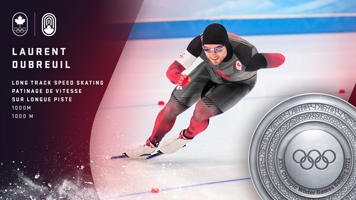 Graphic with a photo of a speed skater on the ice and a silver medal. Text reads Laurent Dubreuil, long track speed skating, patin age de vitesse sur course piste, 1000m